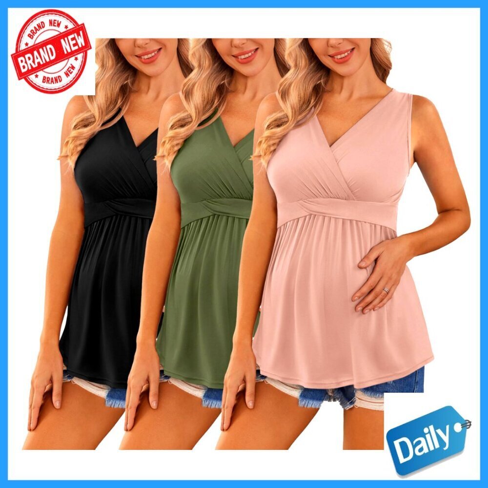 Maternity Nursing Tank Tops 3-Pack V-Neck Sleeveless Pregnancy Shirts